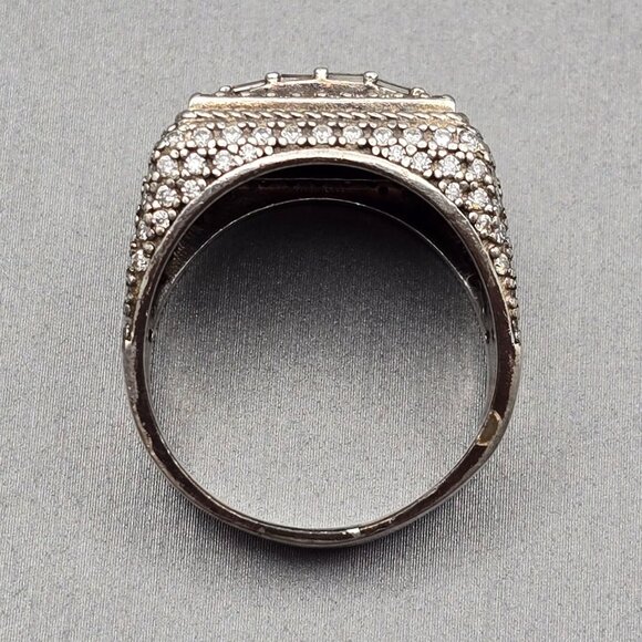 Unisex Sterling Silver & Clear Rhinestone Statement Ring Size 9 Signed M 9.72g - Picture 5 of 11